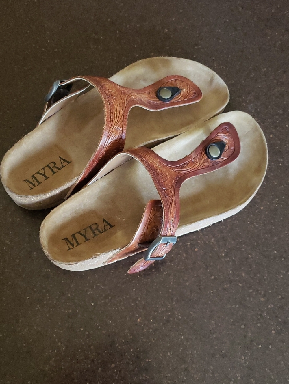 Myra Woman's Hand-Tooled Tan Thong Sandals, Grashius Design, Cork Buckle Strap,
